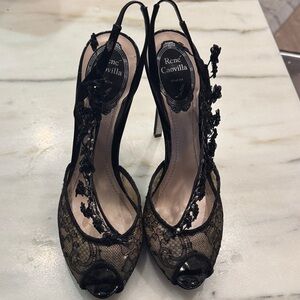 Rene Caovilla Black Floral Lace Heels